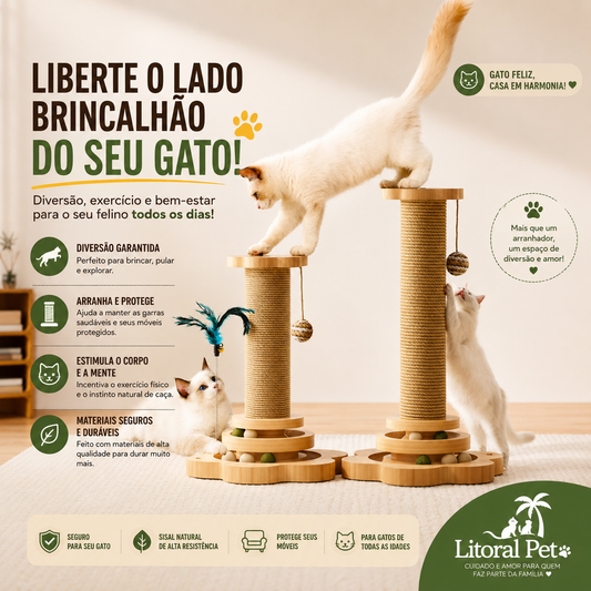 Arranhador de Madeira Natural para Gatos com Bola