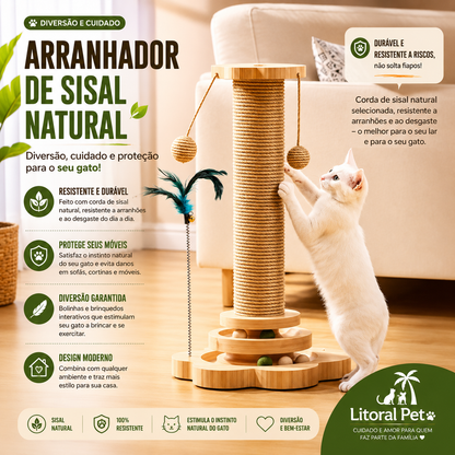 Arranhador de Madeira Natural para Gatos com Bola