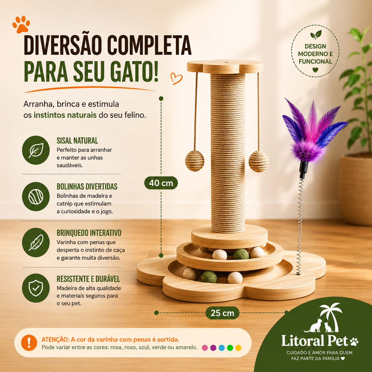 Arranhador de Madeira Natural para Gatos com Bola