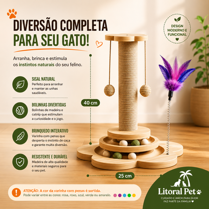 Arranhador de Madeira Natural para Gatos com Bola