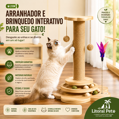 Arranhador de Madeira Natural para Gatos com Bola