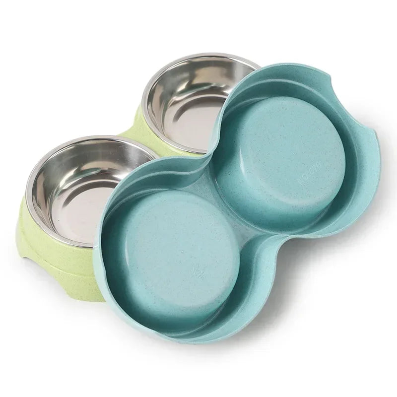 Comedouro Duplo de Aço Inoxidável para Cães e Gatos