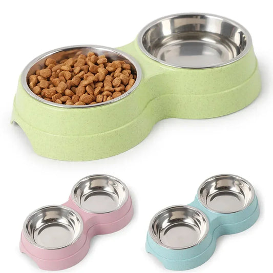 Comedouro Duplo de Aço Inoxidável para Cães e Gatos