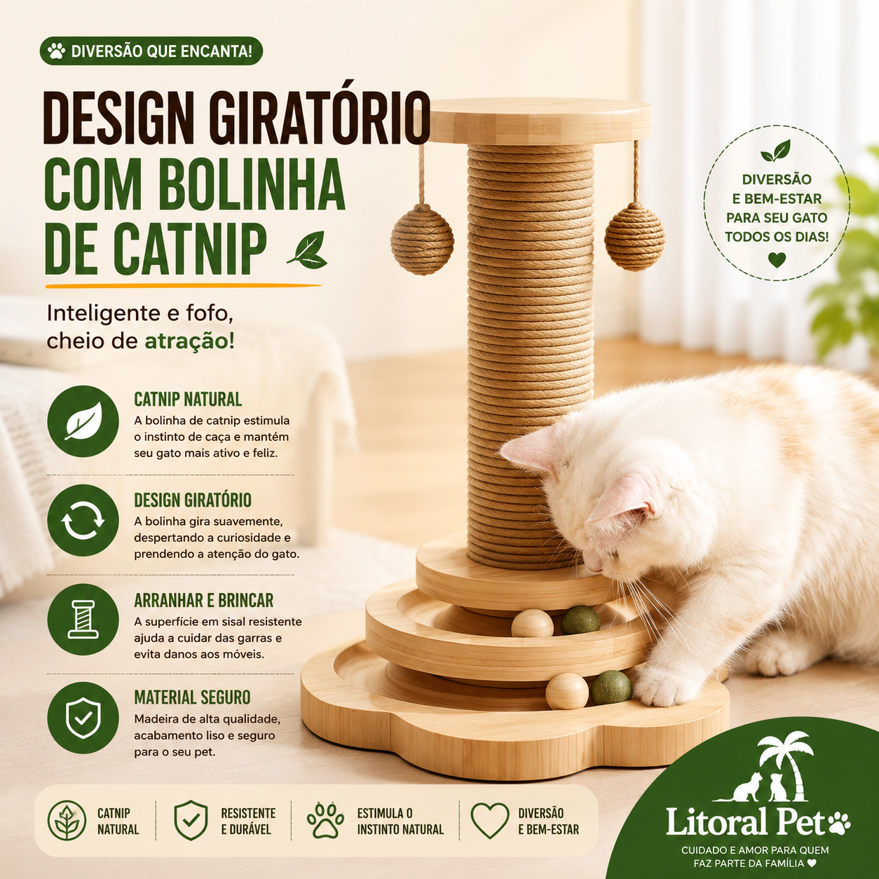 Arranhador de Madeira Natural para Gatos com Bola